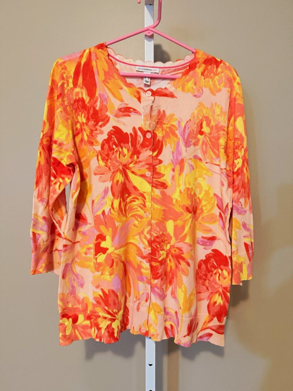 Isaac Mizrahi Live! Women's Floral Knit Cotton Round Neck Pullover Sweater M